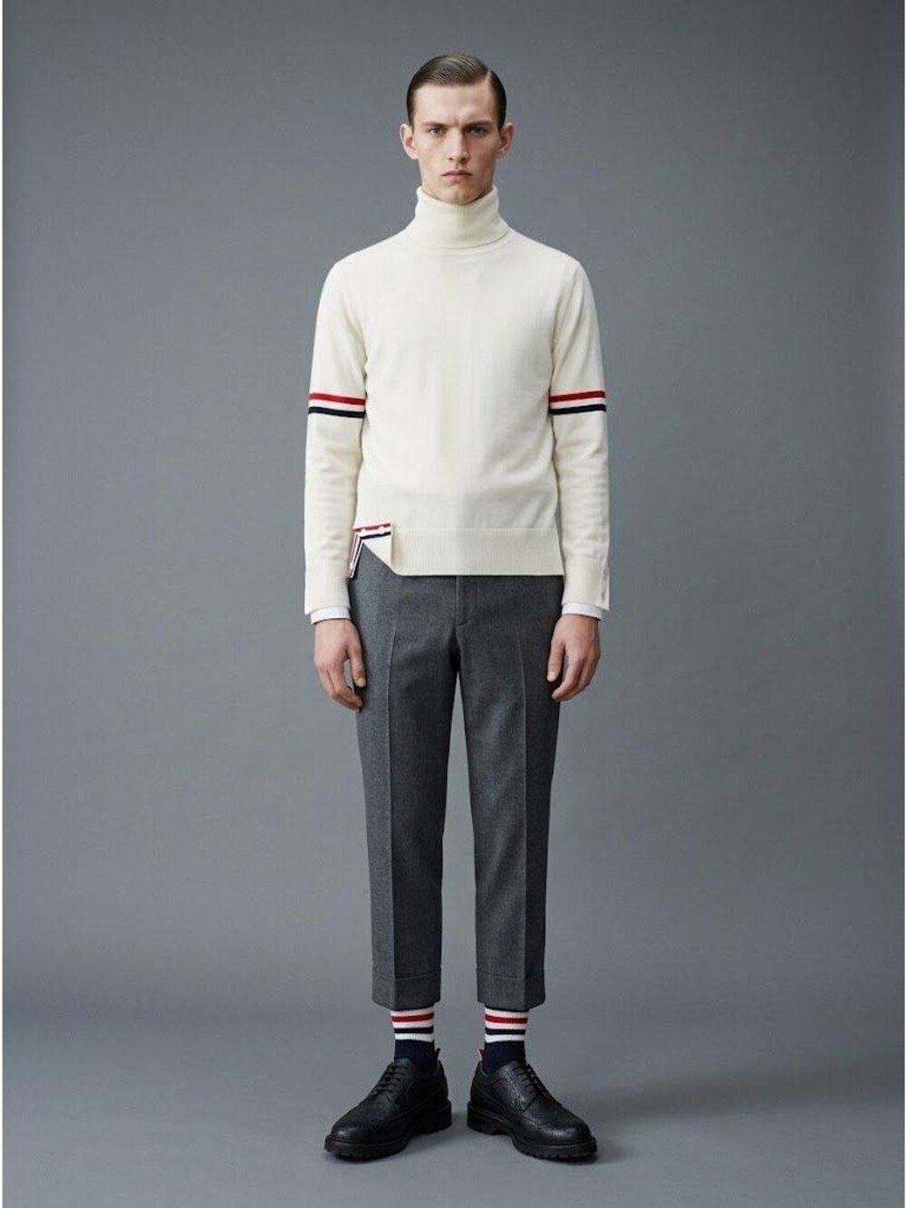 Thom Browne M Wool Turtleneck Ivory Wool Sweater Nautical Stripe Accents